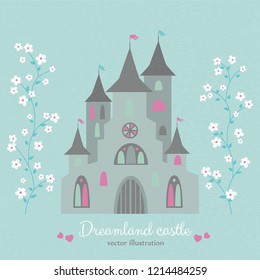 Romantic retro style dreamland castle with white garden flowers. Vector illustration.
