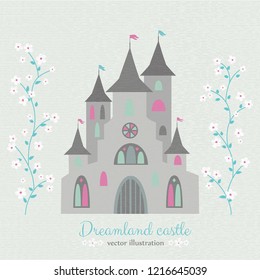 Romantic retro style dreamland castle with white garden flowers. Vector illustration.