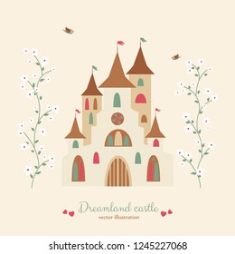 Romantic retro style dreamland castle with white garden flowers and birds. Vector illustration.

