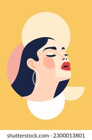 Romantic retro woman head with red lips contemporary pop art abstract portrait poster vector flat illustration. Fashion brunette female face pastel spot color trendy silhouette artwork design