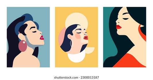 Romantische Retro-Frau portrait Pop-Art Mode minimale zeitgenössische Kunst-Poster Set Vektorgrafik. Elegantes Weibchen mit roten Lippen abstrakte pastellfarbene Fleck süße Silhouette Schönheitsavatar