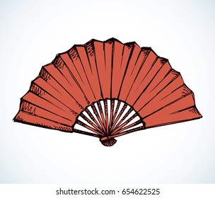 Romantic rich stylized paper fan isolated on white backdrop. Freehand linear ink drawn picture symbol sketchy in art scribble engraving graphic style. Close-up view with space for text