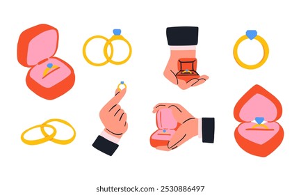 Romantic Rings and Jewelry Illustration. A set of 8 modern, illustrations featuring engagement rings, wedding bands, and jewelry boxes. Perfect for romantic, proposal, wedding, or jewelry projects