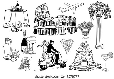 Romantic Rome Travel Elements Hand Drawn Italian Landmarks and Food.Linear Illustrations of Italian Vacation Symbols