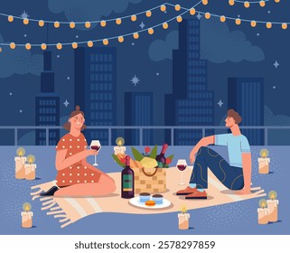 A romantic rooftop picnic featuring a couple seated on a blanket, surrounded by candles and city lights. Nighttime setting under string lights. Vector illustration