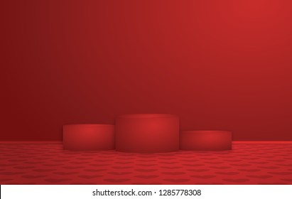 Romantic room with red wall, floor with hearts pattern and pedestal, interior of empty living room, vector illustration