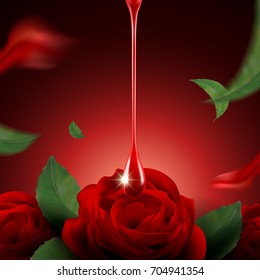 Romantic rose background, red glossy liquid dripping from top with petals in 3d illustration