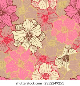 Muestra periódica de rosa romántico florece. Ornamento de ramo dibujado a mano. Flor de rosa con pétalos a rayas. Impresión de ropa de cama. Placer de flores de jardín de verano interminable diseño de envolver vector.