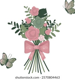 Romantic Rose Bouquet with Butterflies Illustration isolated on white background. Ecological love concept. Valentines day, birthday or wedding concept. Sustainable love. Vector illustration