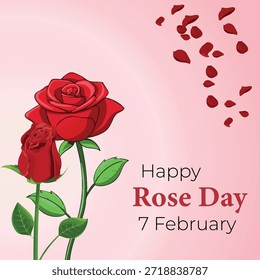 Un diseño romántico del Día de la Rosa con una rosa roja bellamente ilustrada con hojas verdes sobre un fondo rosa suave. Los pétalos de rosa flotantes le dan un toque elegante, mientras que el texto “Feliz Día de la Rosa – 7 de febrero” realza el tema festivo de la semana de San Valentín. Perfecto para tarjetas de felicitación, publicaciones en redes sociales, carteles e invitaciones digitales.