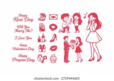 Romántico Día de Rosa y Proponer Día Línea de Arte Conjunto de Ilustración