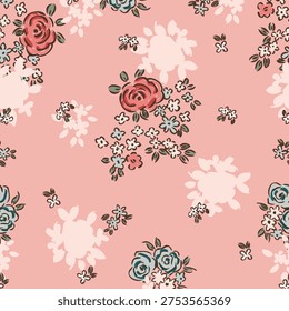 Romantic rose floral cluster for textile print for fabric, seamless pattern on coral pink background