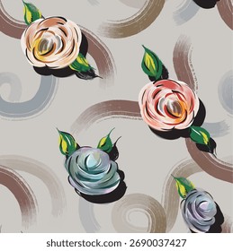 Romantisches Rosenblumenmuster kombiniert mit künstlerischen Pinselstrichkreisen in gedeckten Tönen, ideal für Modedrucke und Heimtextilien.
