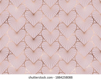 Romantic rose gold glitter stripe hearts seamless pattern. 