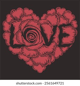 Romantic Rose Heart Design: "LOVE" A stunning, graphic illustration of a heart-shaped design composed of intricately detailed rose petals.