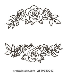 Romantische Rose Line Art Borders, handgezeichneter botanischer Vektor.