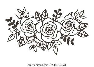 Romantic Rose Line Art, Elegant Floral Border with Roses, Rose flower bouquet, vector illustration.