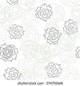 Romantic rose and peonies seamless pattern. Densely printed flowers love theme background. Pink rose, white and mint pastel colors.