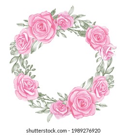 romantic rose pink pastel with green leaf watercolor wreath