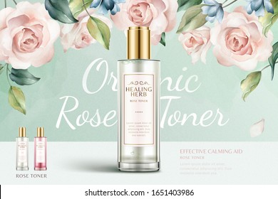 Romantic rose toner ads with beautiful watercolor roses background in 3d illustration, turquoise and pink color