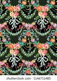 Romantic Roses Bow Floral Vector Seamless Pattern Black Background