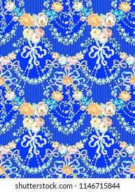 Romantic Roses Bow Floral Vector Seamless Pattern Blue Background