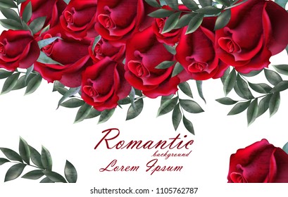 Romantic roses card Vector. Beautiful red roses flowers banner decor. Elegant decor vintage background