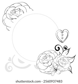 Romantic roses Circle frame, template -beautiful flowers. Retro old fashion, tailoring for postcard, fabric, printing. Graphic vector line, hand drawn, black silhouette
