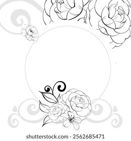 Romantic roses Circle frame, template -beautiful flowers with curl. Retro old fashion, tailoring for postcard, fabric, printing. Graphic vector line, hand drawn, black silhouette