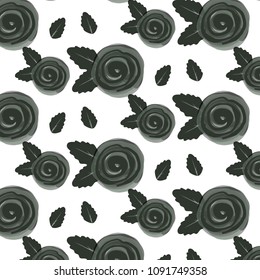 Romantic roses  pattern, black flowers at white background