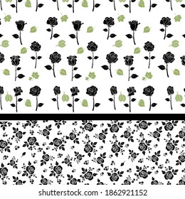Romantisches Rosenmuster, schwarze Blumen auf weißem Hintergrund, sich wiederholendes Design.