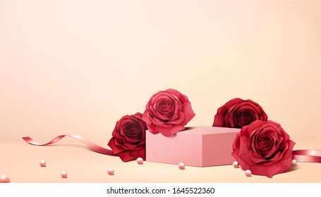 Romantic roses and pearls background in 3d illustration