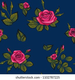 romantic roses seamless pattern with leafs buds and blossom on navy blue background, repeatable no sew gap illustration