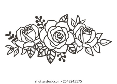 Rosas románticas para invitaciones de Boda, Clipart de frontera floral blanco y negro, Ilustración vectorial.