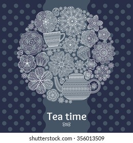 Romantic round background with teapot, cup, muffins, flowers. Tea branding design in gray and white colors. Romantic flower pattern. Floral texture. Detailed vector illustration. 