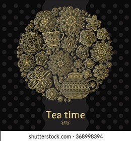 Romantic round background with teapot, cup, muffins, flowers. Tea branding design in gold and carbon colors. Romantic flower pattern.  Floral golden texture. Detailed vector illustration