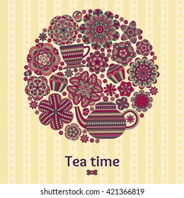 Romantic round background with teapot, cup, muffins, flowers. Curtain or tablecloth design. Vector illustration. 