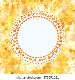Romantic round frame card design for greeting or invitation. Yellow and orange fiery seamless background