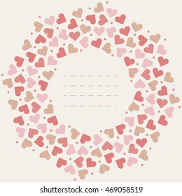 Romantic round frame with colorful hearts isolated on ivory background for your creative designs. 