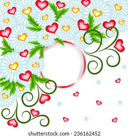 Romantic round frame with hearts and flowers