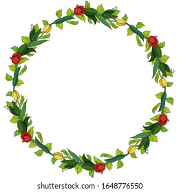 Romantic round frame made of red and yellow tulips, lilies-of-the-valley and green leaves. Spring floral wreath on white background for your design
