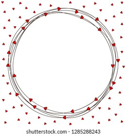 The romantic round frame with red hearts. Vector.