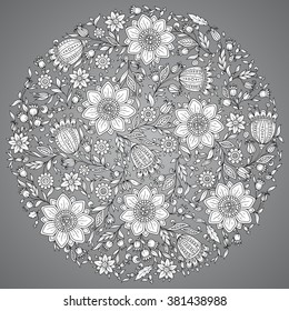 Romantic round pattern with  flowers. Can be used for cards, invitations, fabrics, wallpapers, ornamental template for design and decoration.