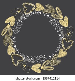 Romantic round wreath with hearts and doodle floral elements on a dark background. Vector illustration with place for text. Perfect for wedding,stickers, valentines, greeting cards and invitations.