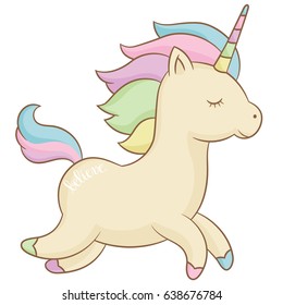 Romantic running unicorn with rainbow mane and horn. Wall art, patch or sticker design. Isolated over white. Vector hand drawn illustration