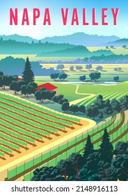 Romantic rural landscape in Napa Valley with vineyards, farms, meadows, fields and trees in the background. Handmade drawing vector illustration. Flat design. Vintage Poster.