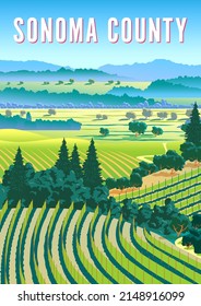 Romantic Rural Landscape In Sonoma County With Vineyards, Farms, Meadows, Fields And Trees In The Background. Handmade Drawing Vector Illustration. Flat Design. Vintage Poster.