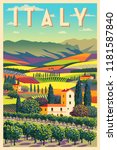 Romantic rural landscape in sunny day in Italy with vineyards, farms, meadows, fields and trees in the background. Handmade drawing vector illustration. Flat design. Poster in the Art Deco style.