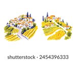 Romantic rural landscape in sunny day in Italy with vineyards, farms, meadows, fields and trees in the background. Watercolor