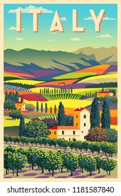 Romantic rural landscape in sunny day in Italy with vineyards, farms, meadows, fields and trees in the background. Handmade drawing vector illustration. Flat design. Poster in the Art Deco style.